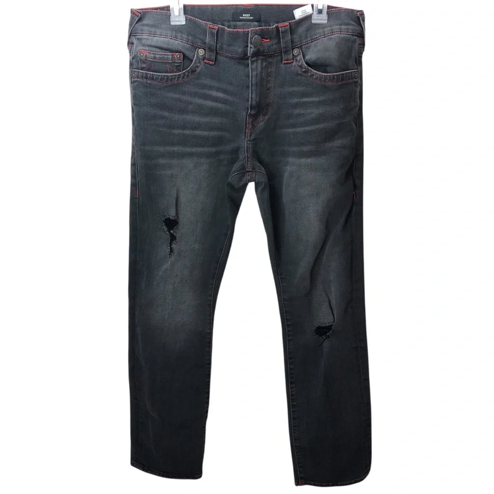 True Religion Men’s Ricky Relaxed Jean Sz 34X33 Washed Black Red Stitch Ripped